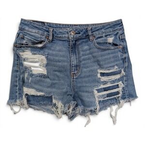 American Eagle Womens Mom Short Sz 10 Distressed Frayed Hem Blue Denim